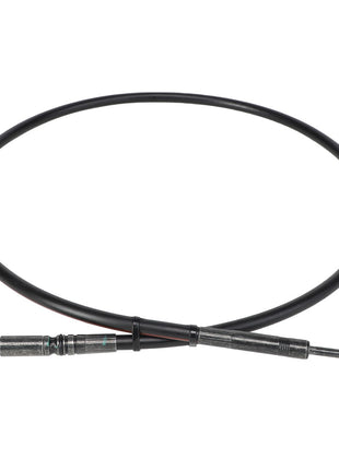 The AGCO Control Cable, Loader - AL5020941 is a black mechanical cable featuring metal fittings on each end, one round and one flat, ensuring operating safety through optimal integration.