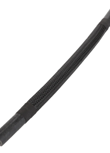 The AGCO Coolant Hose - Acw2807630 is a black braided hydraulic hose equipped with metal connectors on both ends, specifically designed for fluid transfer in automotive or industrial applications. No current product description information available.