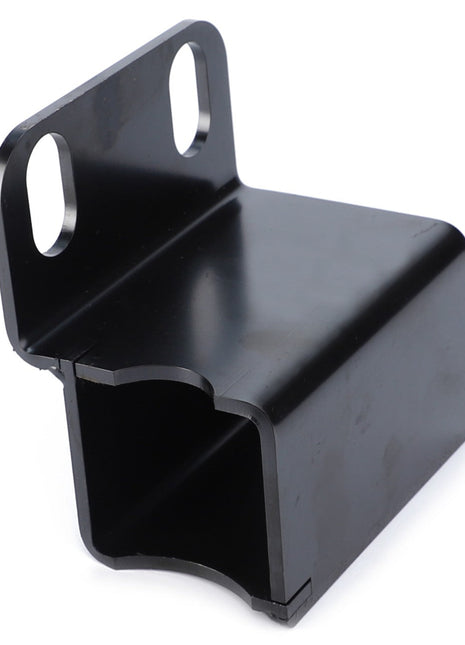 A black metal bracket, known as the AGCO | Support - 4376398M2 by AGCO, features two oval mounting holes and a rectangular slot for attachment. It's designed to fit Massey Ferguson models seamlessly.