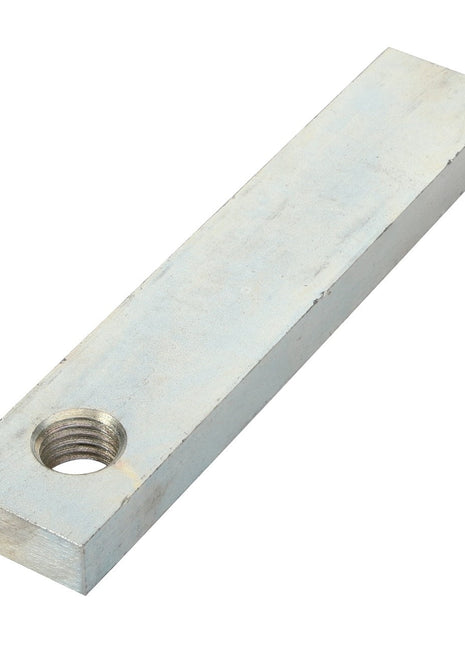 The AGCO | BRIDLE - D28585181 rectangular metal bar features a threaded hole near one end. No current product description information is available.