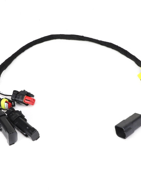 A black electrical wiring harness, AGCO | Harness - Acw7469240 by AGCO, featuring multiple connectors, including a red-capped plug and a yellow label, is pictured against a white background. Please note that no current product description information is available for this item.