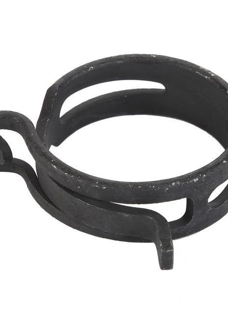 The AGCO Clip (Model F524880010220) is a sleek, black circular metal clamp featuring open slots around its circumference and a protruding tab on one side, making it an ideal choice for various applications.