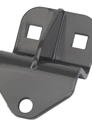 The AGCO | Actuator Bracket - Acw1955010, a black metal bracket featuring two square cutouts, one circular hole, and a folding hinge in the middle, exemplifies both functionality and design.