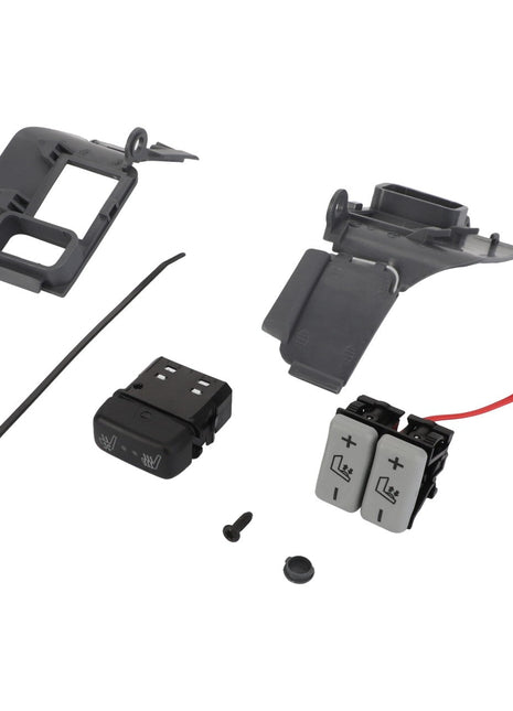 A set of AGCO automotive interior components, listed under ACTUATION - F931502030680, includes a harness, connectors, a switch with heated seat icons, plastic brackets, a zip tie, and a small screw. The provided product description lacks specific information about its functionality or design.