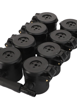 This product, the AGCO | Cap - Acp0671420 by AGCO, is a set of eight black round electrical connectors with multiple holes and attached cables, arranged neatly in two rows.