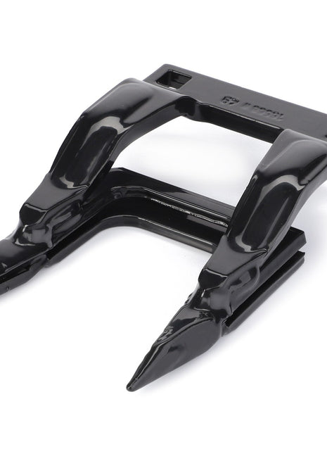 Close-up of a black agricultural double finger guard with pointed tips and a flat base, designed for attachment to harvesting equipment. This AGCO 1St Sickle Guard RH Side - D28286836 component enhances cutting performance, ensuring efficient operation in the field.