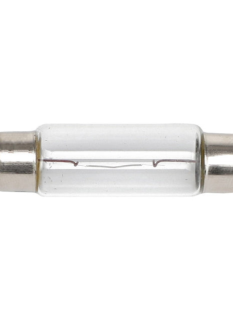 A close-up view of the AGCO | DOME LIGHT BULB - AG721357, featuring a cylindrical glass body with metallic caps on both ends.