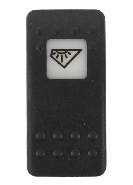 The AGCO SWITCH - D45050022 is a black plastic remote control button featuring a diamond-shaped symbol with radiating lines on a white background. This rectangular button includes four dots surrounding the symbol.