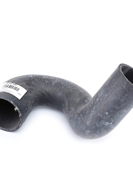 A black rubber hose, known for its reliable performance and high-quality materials, with a barcode label, bent in an "S" shape on a white background. This product is the AGCO | Hose, Lower Radiator Hose - 1692870M1 by AGCO.