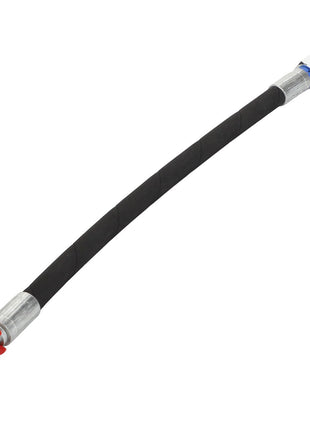 The AGCO Hose - Acw7459920 by AGCO is a flexible black hose equipped with metal connectors on both ends, featuring one angled connector and one straight connector with a red lever.