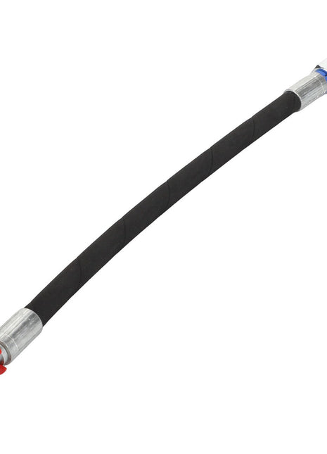 The AGCO Hose - Acw7459920 by AGCO is a flexible black hose equipped with metal connectors on both ends, featuring one angled connector and one straight connector with a red lever.