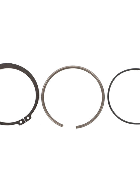 The AGCO | PARTS KIT - F931860030140, featuring three different types of circular retaining rings, is arranged in a row against a plain white background, with no current information available on their specifications.