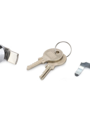 The AGCO | LOCK - D43423000 from AGCO, featuring a sturdy cam lock, two keys on a keyring, and a sleek metal locking clip, is thoughtfully displayed against a pristine white background.