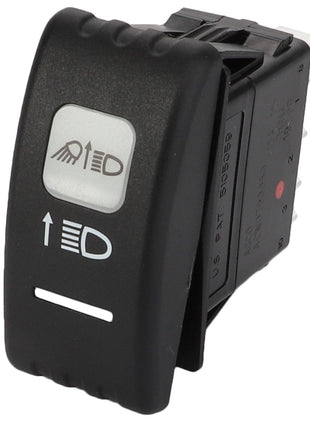 Close-up of the AGCO | Light Switch - Acw0790080, a black LED rocker switch with a light symbol and "LED" text embedded. This momentary action button is designed for automotive or machinery panel installation under the AGCO brand. No current product description information available.