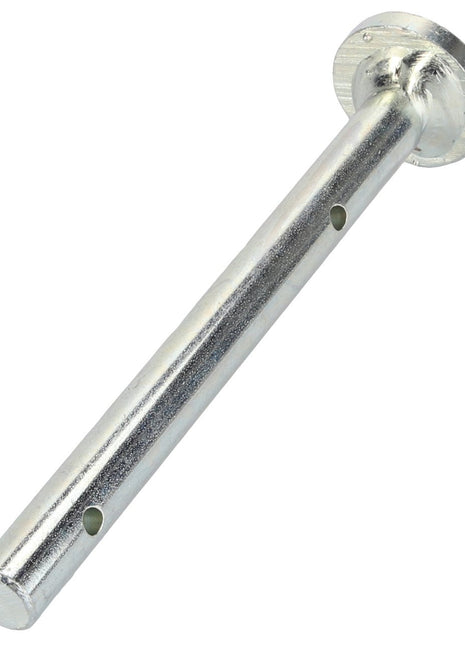 The AGCO Spring Pin - Acp0017950 is a metal cylindrical rod featuring a flat circular head on one end and two small holes along its length. Currently, there is no detailed product description available for this item.