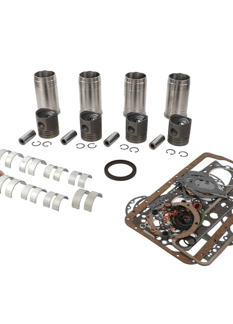 The AGCO | Engine Overhaul Kit - V836139424, featuring a collection of pistons, cylinder liners, bearings, gaskets, and seals is arranged on a white background.