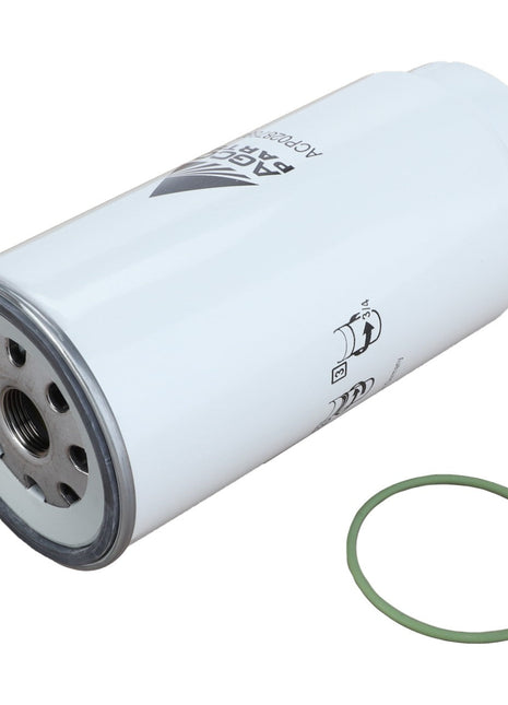 A cylindrical white automotive AGCO fuel filter (model Acp0287890) with threaded holes on one end lies next to an olive-green rubber gasket. No current product description available.