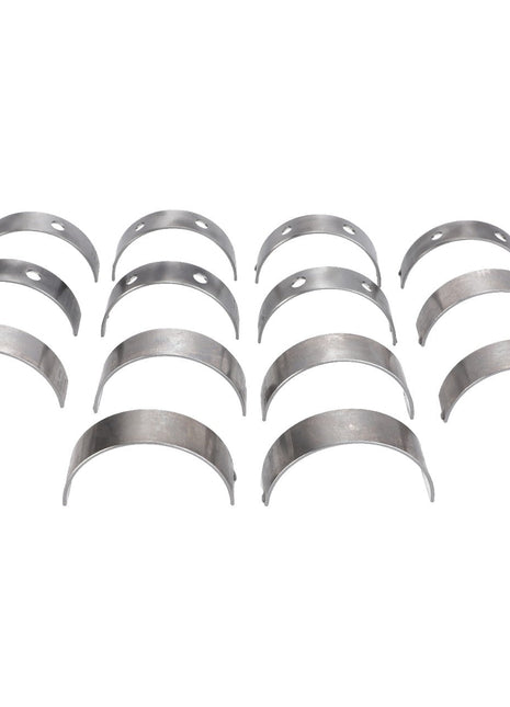 Array of fourteen metallic, curved engine bearings from the AGCO Kit (Acp0397070), arranged in three rows on a white background. 