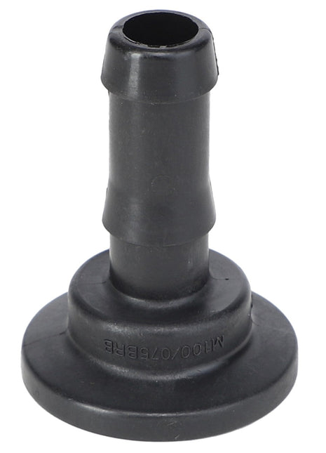 The AGCO Reducer Bush - Ag056271, a black rubber hose connector featuring a flared base and a cylindrical tube extending from the middle, is highly durable and versatile, although its current product description does not fully convey these attributes.