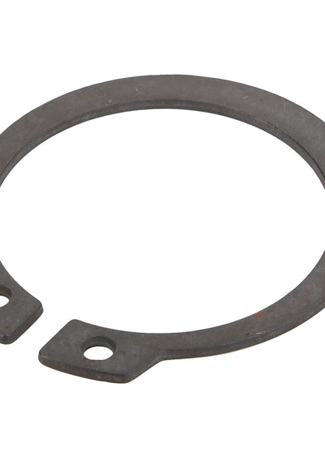 The AGCO CIRCLIP - ACY9300590 is a metal retaining ring featuring two small holes on opposite ends, designed for securing components on a shaft or in a bore. Currently, no additional product description information is available.