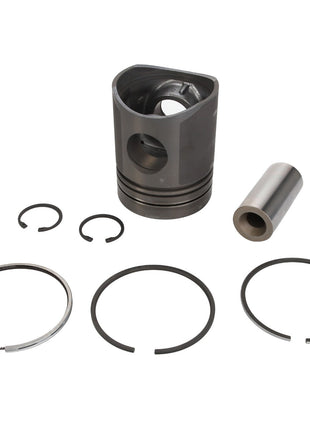 AGCO's Piston - V836336530, including rings, wrist pin, and circlips, meticulously arranged on a plain white background.