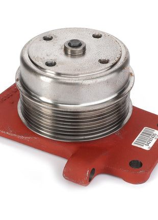 AGCO's AGCO Ball Bearing - Fan - F731200040060 is a metallic automotive part featuring a circular, ridged section and a red mounting base, complete with a barcode sticker and genuine bearings.