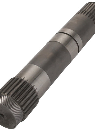 The AGCO Shaft - Acp0444700, a metallic cylindrical gear shaft with ridges and threading on both ends, currently does not have an available product description.