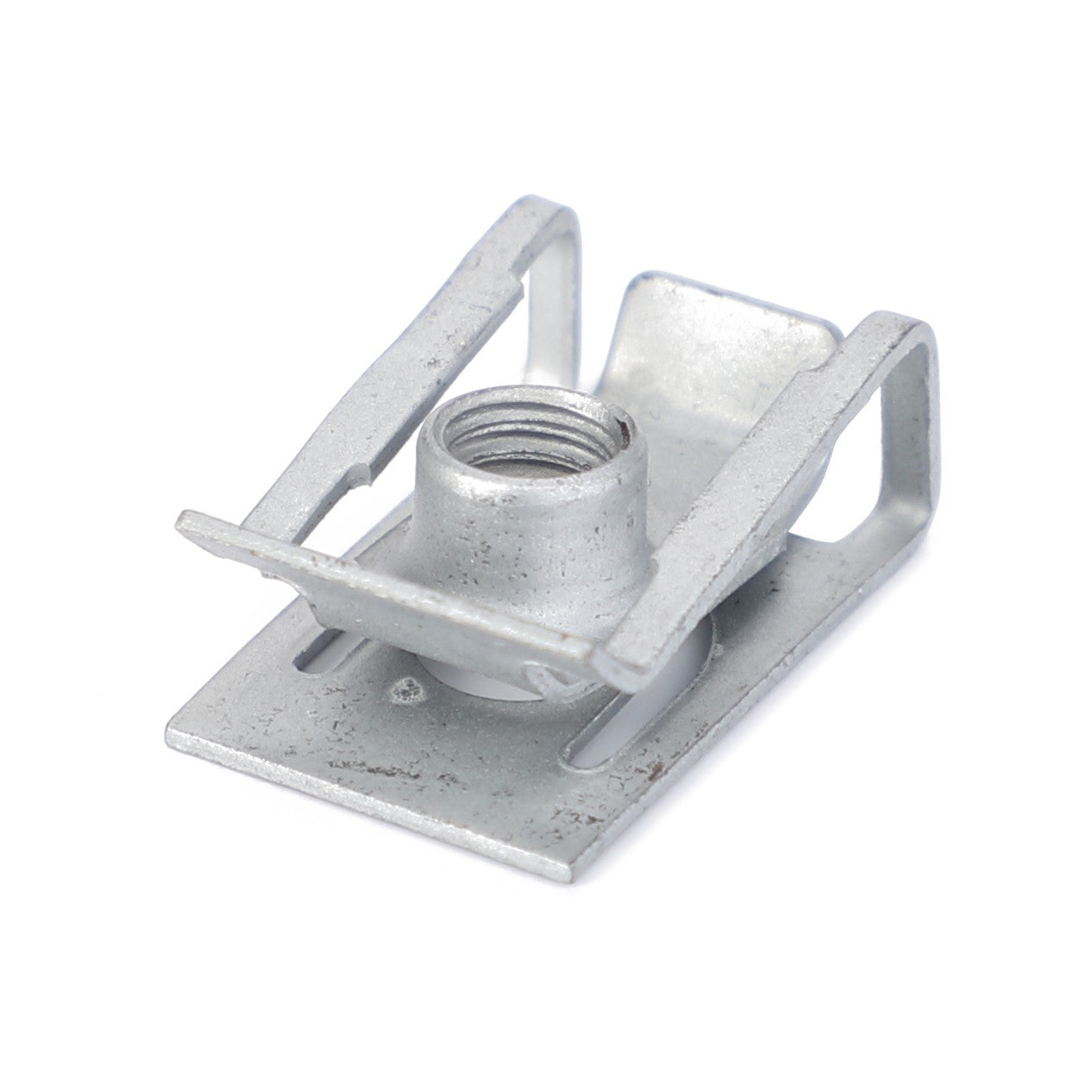 The AGCO Spring Nut - 3014635X1 is a metal clip featuring a threaded nut in the center, specifically designed for fastening applications on Massey Ferguson Models.