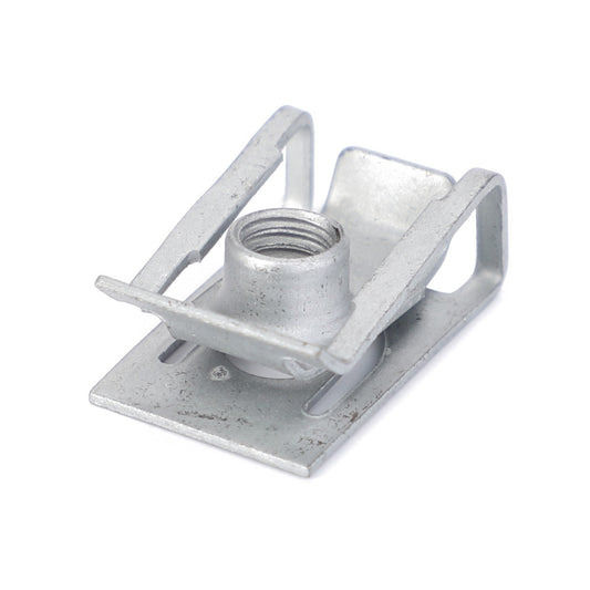 The AGCO Spring Nut - 3014635X1 is a metal clip featuring a threaded nut in the center, specifically designed for fastening applications on Massey Ferguson Models.