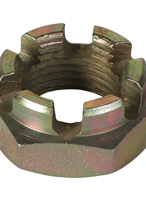 Close-up of an AGCO Slotted Nut - 3000037X1, a hexagonal metallic castle nut with multiple slots on top, commonly used in mechanical and automotive applications.