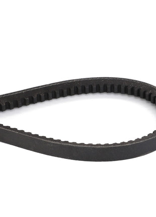 A close-up image of the AGCO Drive Belt, Hydraulic Pump (D41990012), showcasing its black, ribbed, V-shaped design engineered for optimal performance and noise reduction, set against a plain white background.