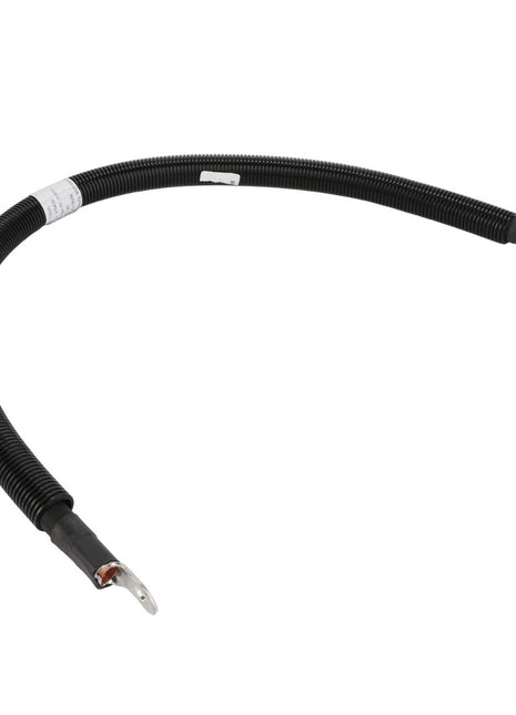 The AGCO | BATTERY CABLE - ACP0534320, an AGCO product, is a flexible black cable featuring sturdy metal eyelets on both ends.