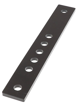 The AGCO Adjusting Bar - Acp0015970 is a rectangular black metal bar with six evenly spaced circular holes, ideal for various mounting or installation needs.