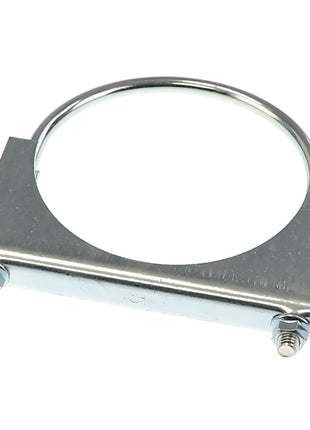 The AGCO | Exhaust Clamp - AG130245 by AGCO is a metal pipe clamp featuring two bolts, engineered to secure cylindrical objects and provide an effective seal.