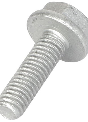 Close-up of the AGCO Hex Flange Head Machine Screw - Acw1041160, crafted from shiny silver metal featuring a hexagonal head and threaded shaft.