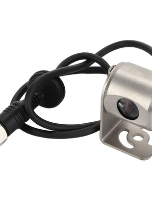 AGCO's CAMERA - ACP0533890 is a small metallic surveillance device with an attached black cable that features a connector at the end. The camera is securely mounted on a compact bracket using a screw.