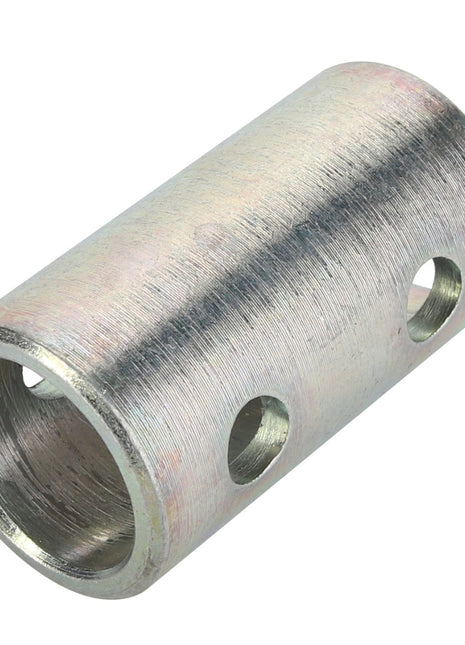 No current product description available for the cylindrical AGCO | Bush - La300135354 metal connector, which features three holes drilled into its sides for securing or aligning purposes.