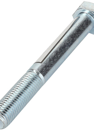 A close-up view of an AGCO | HEXAGONAL HEAD BOLT - 0901-12-52-00 with a threaded shaft. The silver bolt, set against a plain white background, showcases intricate detailing and precision craftsmanship. No product description needed for this straightforward image.