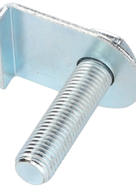 Close-up of a metal hex bolt, known as the AGCO Screw - La321948150, featuring a partially threaded cylindrical shaft and a flat, right-angled bracket on one end. No current product description information is available for further details.