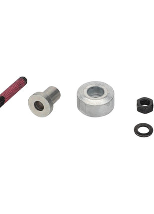 An assortment of AGCO hardware components, including a black bolt, metal spacer, metal washer, two nuts, and a small washer from the LEG SPRING - F931502030270 collection by AGCO, meticulously arranged in a row on a pristine white background.