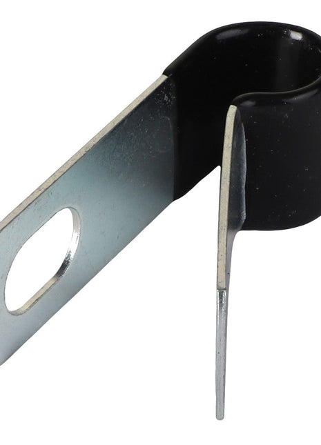The AGCO | P-CLIP - CH4D-9517 features a metal and rubber P-shaped design with a mounting hole on one side and a curved rubber-coated clip on the other. Additional product description information is currently unavailable.