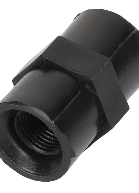 The AGCO | COUPLING - AG334929, a black metal coupling nut by AGCO, features a hexagonal body and internal threading. No current product description information is available at this time.