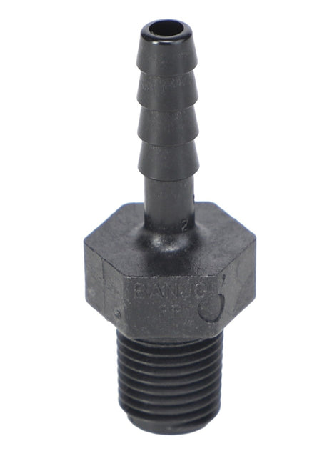 The AGCO | Hose Barb - Ag051059 is a durable black plastic fitting that features a threaded male end and a ribbed hose connection to ensure a secure fit.