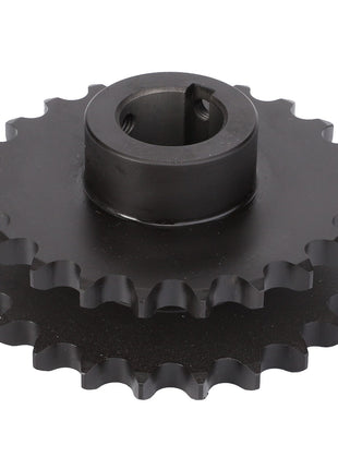 The AGCO Sprocket Grain Elevator Transmission - D28585106 is a black double sprocket gear featuring two rows of evenly spaced teeth and a central bore for shaft mounting, engineered to adhere to AGCO's technical specifications for optimal performance.