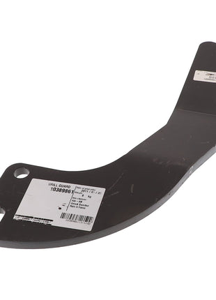 A curved metal component with two holes, labeled with a barcode, is the AGCO LEFT HAND COWL - AL10389861 by AGCO.