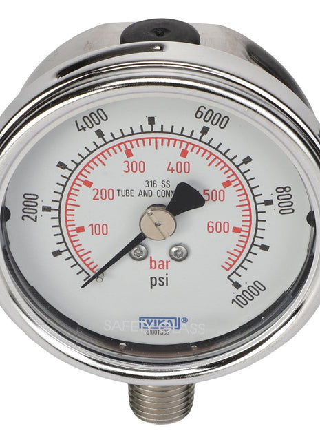 The AGCO | GAUGE - AG059254 is a round pressure gauge that displays measurements in both psi and bar, with a range of 0 to 10,000 psi and 0 to 600 bar. This metal-cased gauge features a threaded connection at the bottom.