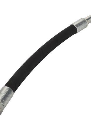 The AGCO | Hydraulic Hose - Acw3073510 by AGCO is a black, flexible hydraulic hose equipped with metal connectors on both ends – one straight and the other angled.