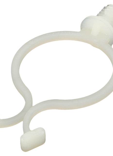 Image of the AGCO | Clip - Acp0007960, a white plastic cable clamp with a circular loop and threaded end, ideal for securely organizing cables.