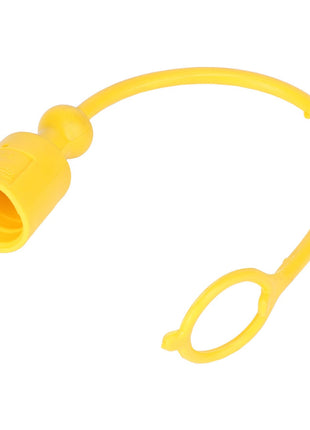 The AGCO DUST CAP - AL5034134 is a yellow plastic cap with an attached flexible loop designed to cover and protect connectors or ports.