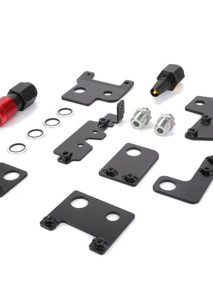 AGCO Coupler Kit - Acw0157660, featuring black metal mounting brackets, screws, washers, and connectors (including a red and black connector), is displayed on a white background. The product description lacks relevant SEO keywords.